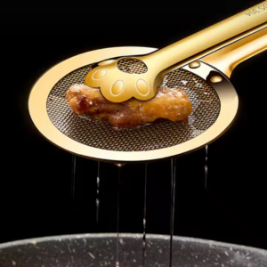 Deep Frying Oil Strainer with Clip Tong - Gold and Silver Stainless Steel