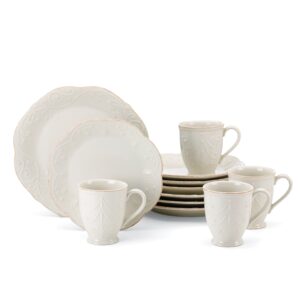 White Scalloped Stoneware Set with Mugs, 12-Piece