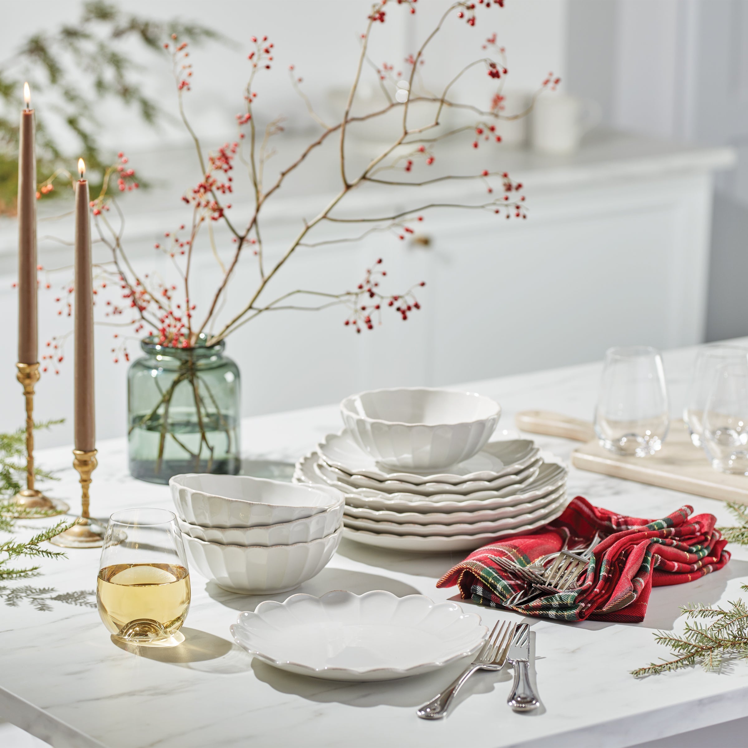 White Scalloped Stoneware Dinnerware Set, 12-Piece - Image 12
