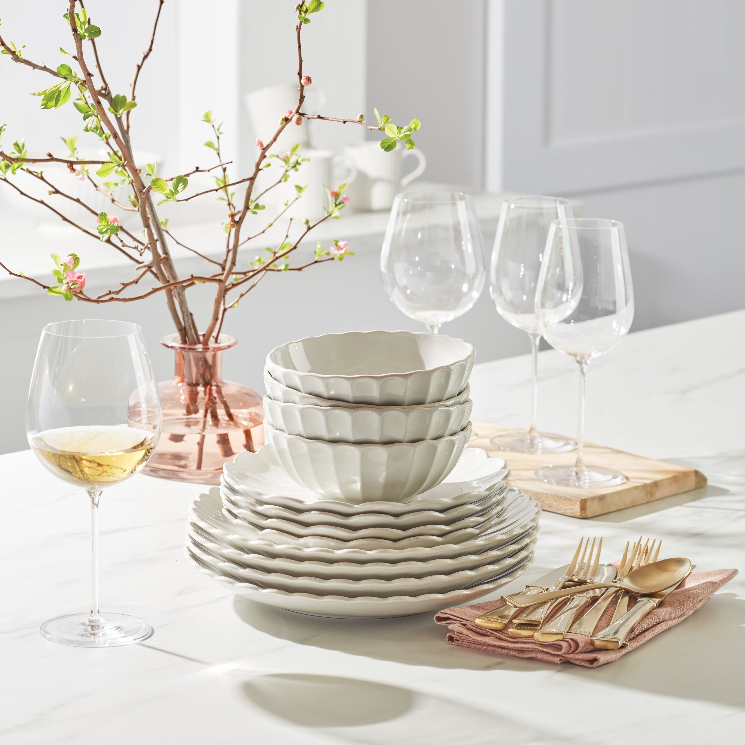 White Scalloped Stoneware Dinnerware Set, 12-Piece - Image 8