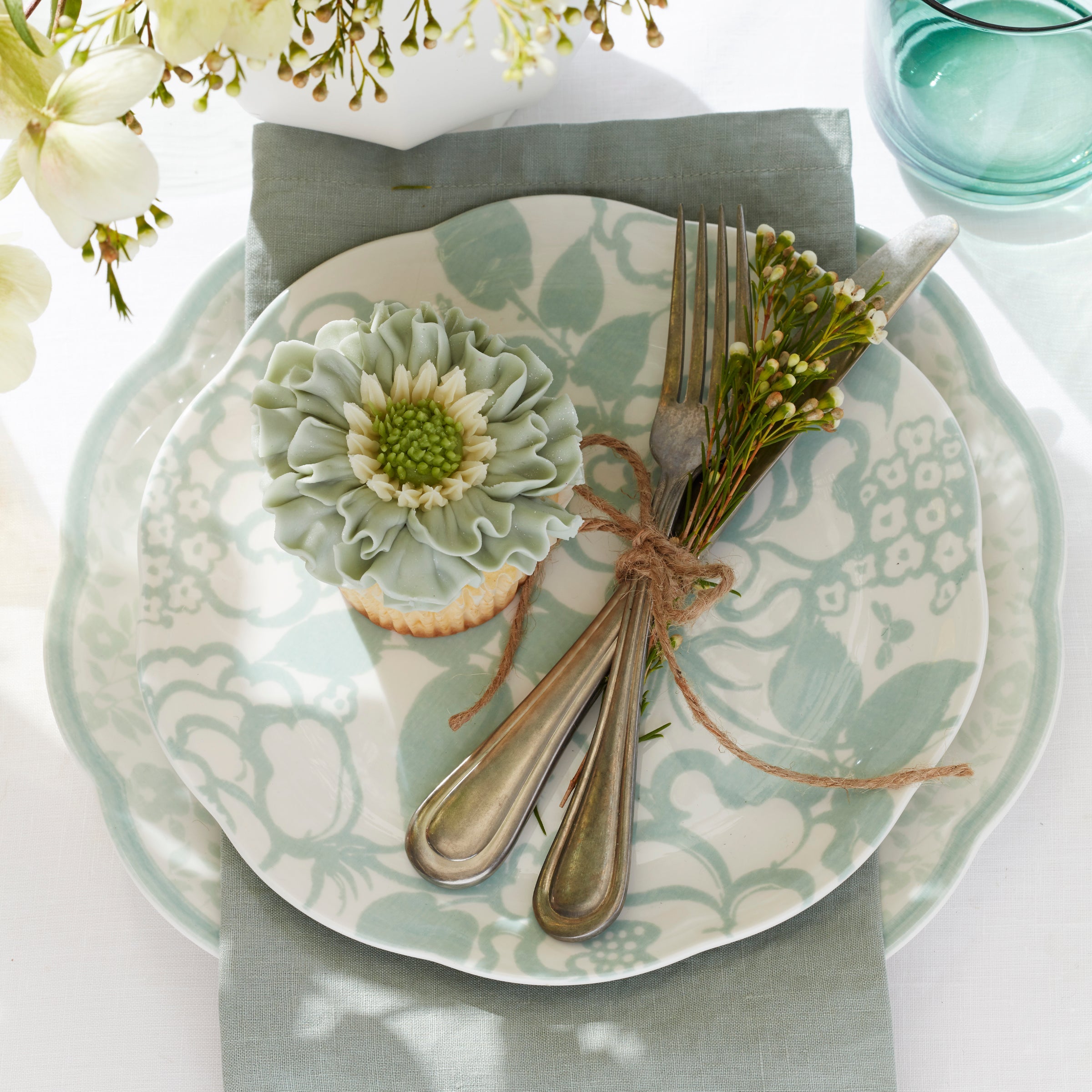Sage Green Floral Scalloped Dinnerware Set, 12-Piece - Image 2