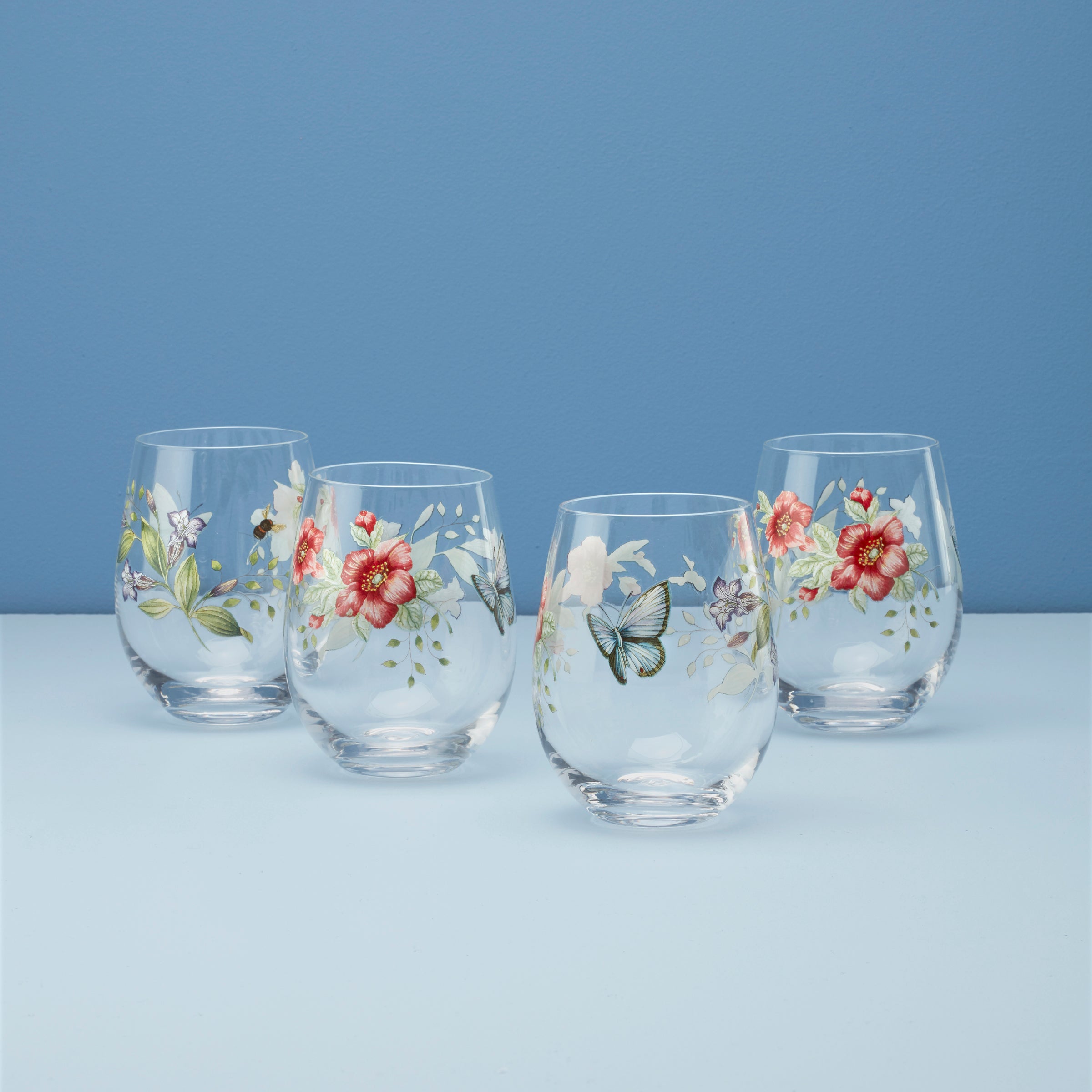 Floral Stemless Wine Glasses - Set of 4
