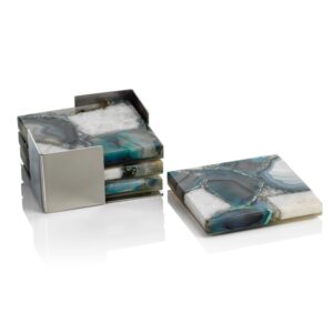 Green and White Agate Coasters with Metal Tray - Set of 4