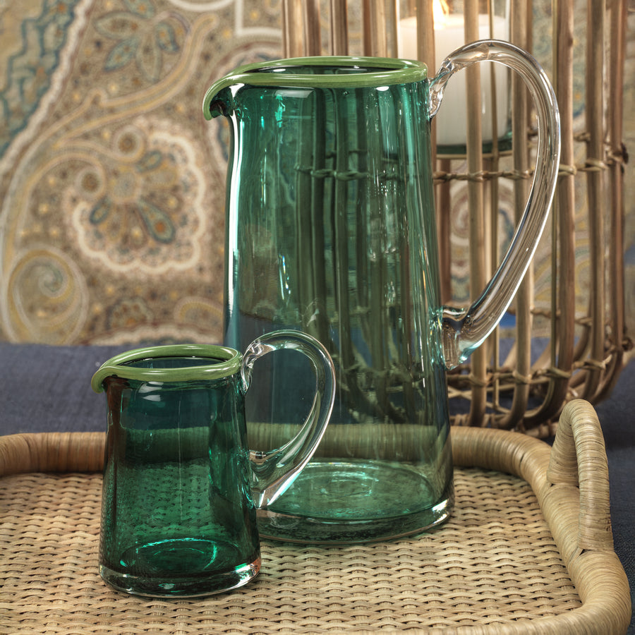 Hand Blown Azul Glass Pitcher with Clear Handle - Image 2