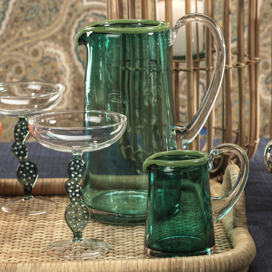 Hand Blown Azul Glass Pitcher with Clear Handle - Image 3