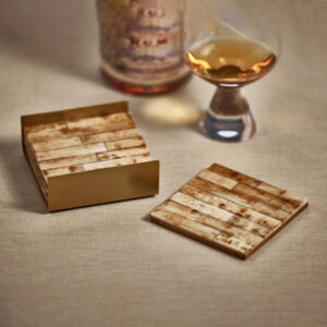 Antique Bone Coasters with Metal Tray - Set of 4