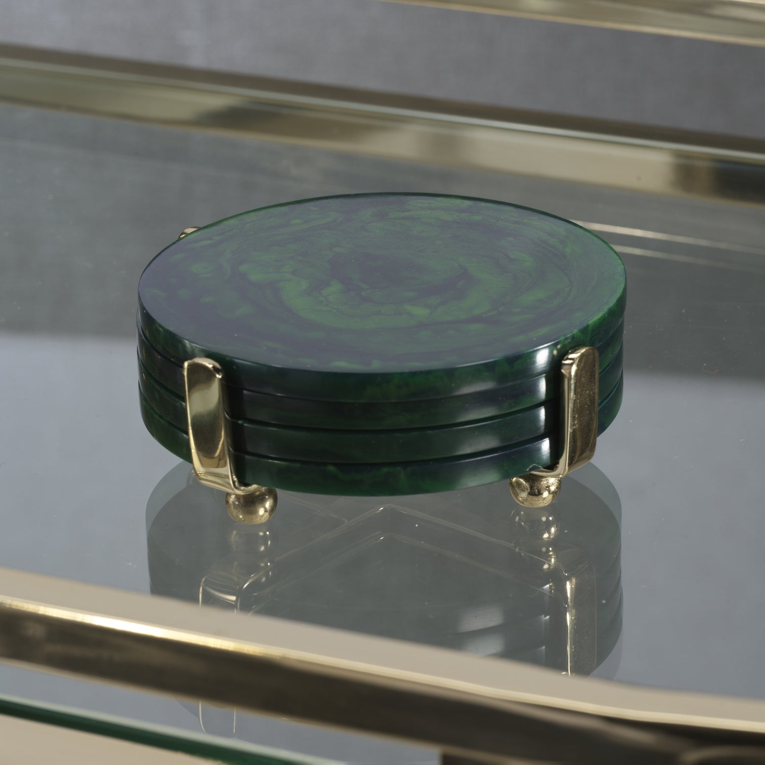 Green Marble Coasters with Gold Stand - Set of 4 - Image 2