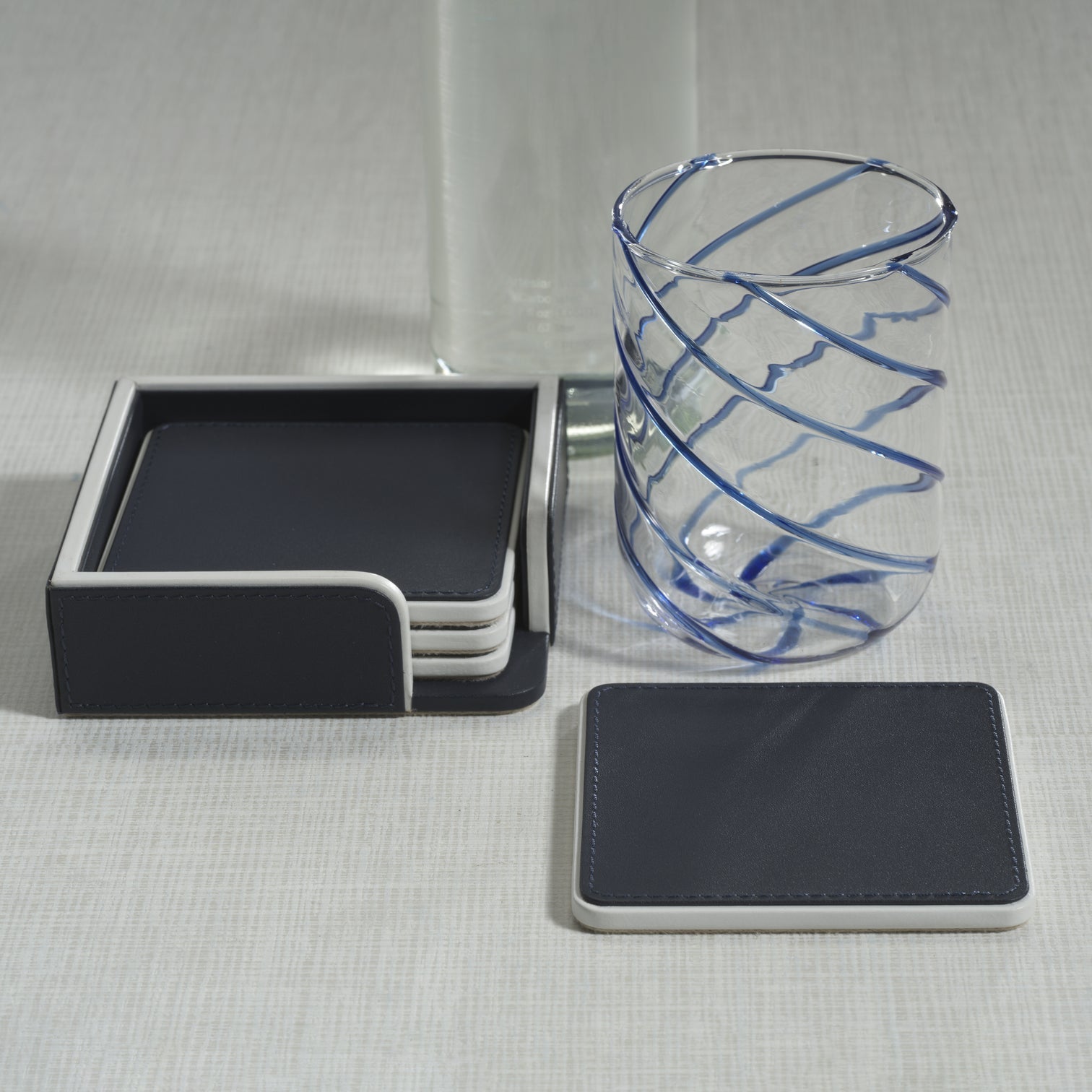 Navy and White Leather Coasters - Set of 4