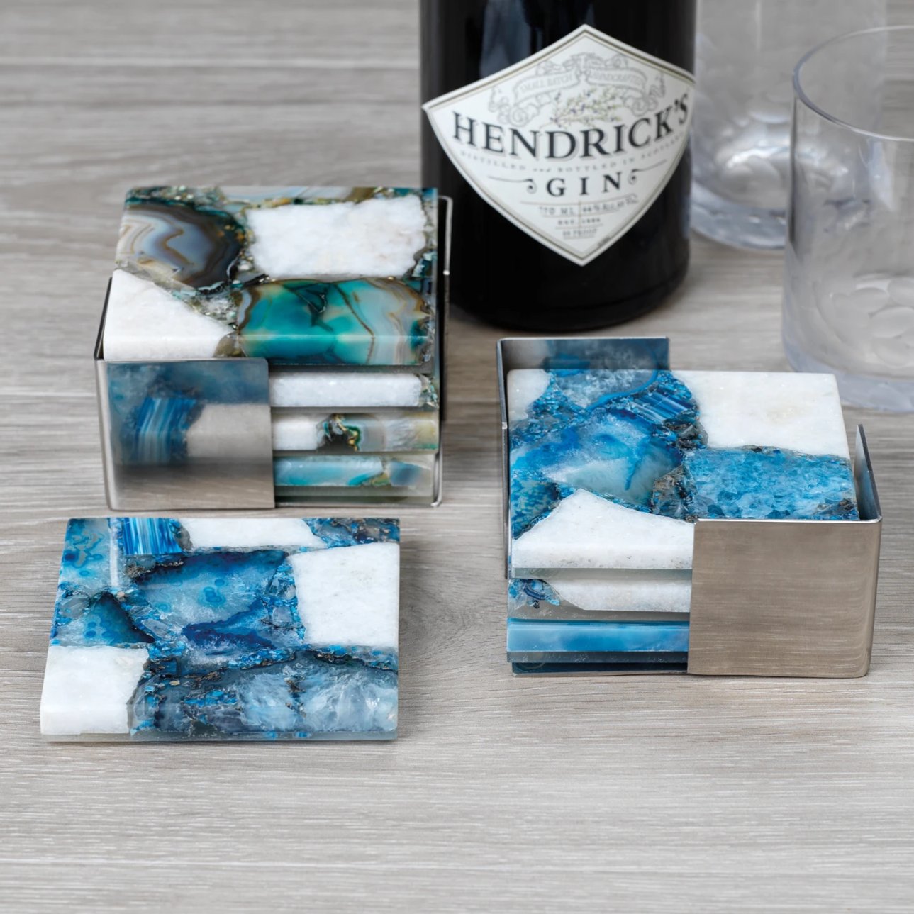 Green and White Agate Coasters with Metal Tray - Set of 4 - Image 2