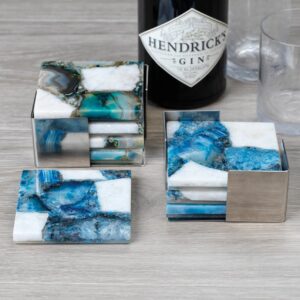 Blue and White Agate Coasters with Metal Tray - Set of 4