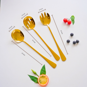 Long Salad & Serving Spoons – Set of 3 | Gold Stainless Steel
